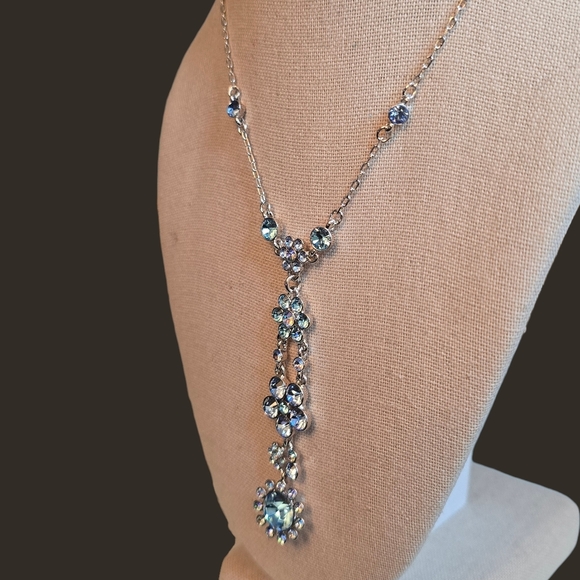 Givenchy NOS 90s Silver Tone With Blue/AB Swarovski Crystals Y Necklace - Picture 5 of 6